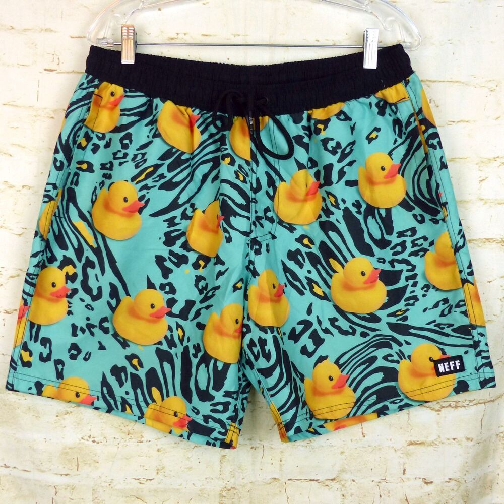 NEFF Rubber Ducky Swim Trunks Mens L Blue Yellow Novelty Print Board Shorts